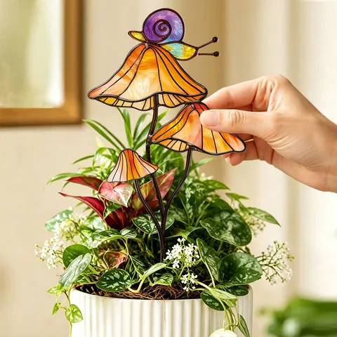 Piquet Décoratif de Jardin en Métal Style Verre Vitrail Champignon Et Escargot Pot de Fleurs Extérieur Cour Pelouse Décor