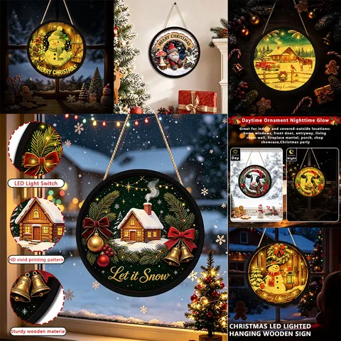 Weihnachten LED Beleuchtetes Hängendes Holzschild Festliches Fenster Wand Ornament Feiertag Party Heimtextilien Anhänger