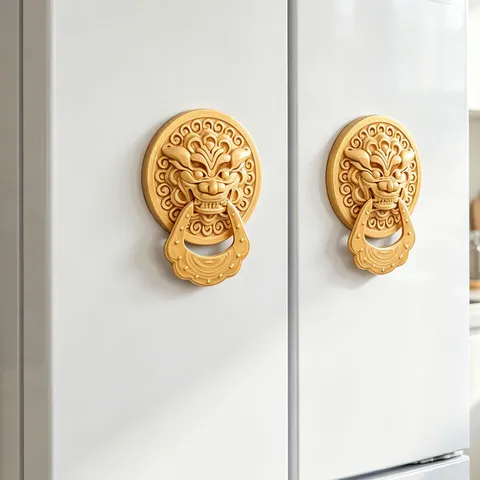 3D Creative Lion Head Door Knocker Fridge Magnet Vintage Gold Resin Magnetic Sticker Home Kitchen Decor