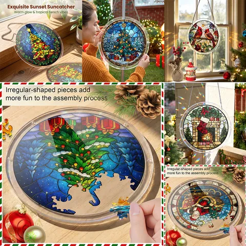 Noël Acrylique Puzzle Plaque Suspendue Style Verre Teinté Décoration de Fenêtre Cadeau de Vacances