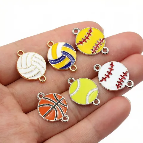 Alloy Enamel Sports Ball Charms Basketball Volleyball Baseball Tennis Double Loop DIY Jewelry Pendants Accessories