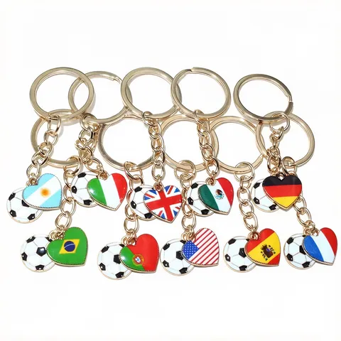 Alloy Football National Flag Drip Oil Pendant Keychain Key Ring Metal Bag Charm DIY Jewelry Accessory