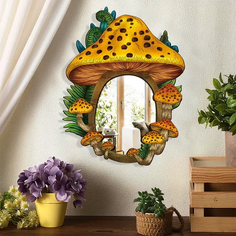 Specchio da Parete in Legno e Acrilico a Forma di Fungo Bohemien Stile Boho Specchio Sospeso Decorativo per Casa Camera da Letto