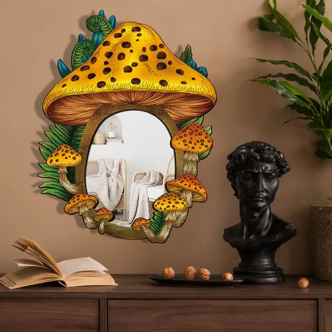 Specchio da Parete in Legno e Acrilico a Forma di Fungo Bohemien Stile Boho Specchio Sospeso Decorativo per Casa Camera da Letto