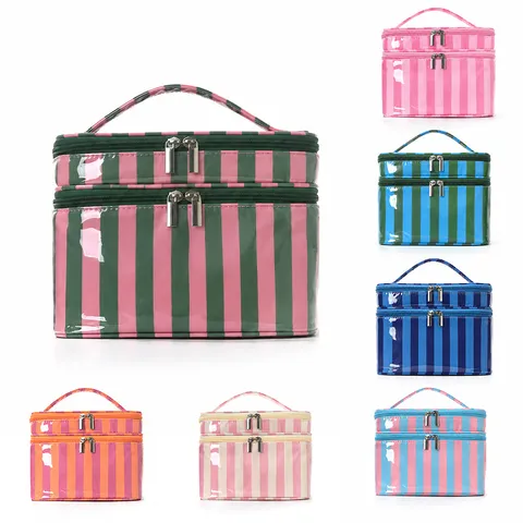 Double Layer Striped Cosmetic Bag Waterproof PVC Toiletry Pouch Large Capacity Travel Makeup Organizer With Handle