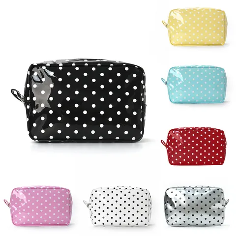 Waterproof Leather Cosmetic Bag Polka Dot Toiletry Pouch Travel Makeup Organizer