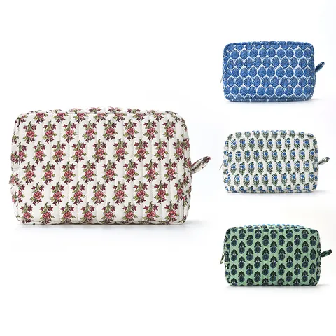 Quilted Floral Cosmetic Bag Large Capacity Travel Storage Pouch Portable Handheld Makeup Bag For Women