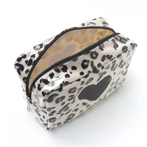 Waterproof PVC Cosmetic Bag Leopard Heart Print Travel Makeup Pouch Portable Toiletry Organizer Storage Bag For Women