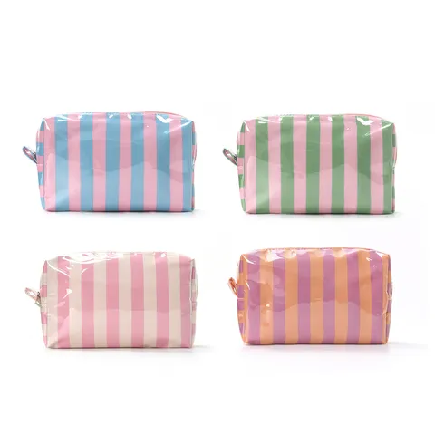 Portable Waterproof PVC Cosmetic Bag Colorblock Striped Travel Toiletry Organizer Makeup Storage Bag for Women