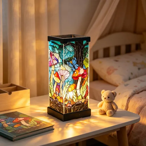 Vintage Stained Glass Style Night Light USB Powered Mushroom Butterfly Forest Pattern Acrylic Decorative Table Lamp For Bedroom