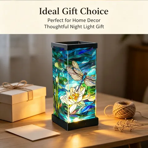 Stained Glass Style Acrylic Night Light Dragonfly Lotus Pattern USB Powered Decorative Table Lamp For Bedroom Home Decor