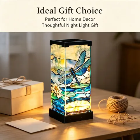 Tiffany Style Stained Glass Night Light Dragonfly Lotus Acrylic LED Table Lamp USB Powered Desktop Decoration For Bedroom Home
