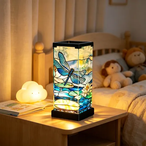 Tiffany Style Stained Glass Night Light Dragonfly Lotus Acrylic LED Table Lamp USB Powered Desktop Decoration For Bedroom Home