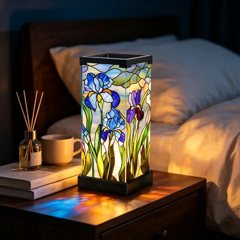 Tiffany Style Stained Glass Iris Flower Night Light USB Powered Acrylic Table Lamp Bedroom Desktop Decor Ornament