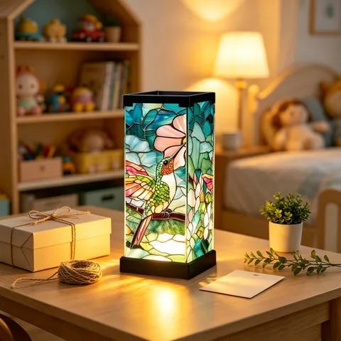 Stained Glass Style Hummingbird Floral Night Light USB Powered Acrylic Decorative Table Lamp Bedroom Bedside Ornament
