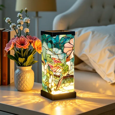 Stained Glass Style Hummingbird Floral Night Light USB Powered Acrylic Decorative Table Lamp Bedroom Bedside Ornament