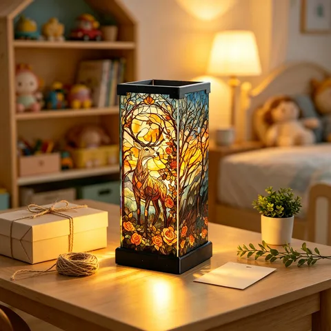Vintage Tiffany Style Stained Glass Night Light Acrylic Forest Deer Pattern USB Powered Decorative Table Lamp For Bedroom Home