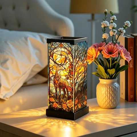 Vintage Tiffany Style Stained Glass Night Light Acrylic Forest Deer Pattern USB Powered Decorative Table Lamp For Bedroom Home