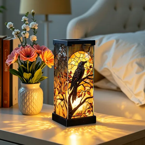 Tiffany Style Stained Glass Raven Night Light Gothic Moon Crow Acrylic Decorative Table Lamp USB Powered Halloween Desktop Ornament