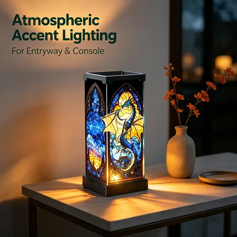 Stained Glass Style Acrylic Night Light Gothic Blue Dragon Pattern USB Powered Decorative Table Lamp For Bedroom Home Decor