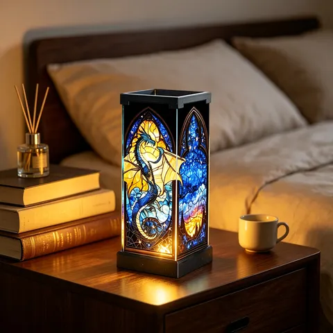 Stained Glass Style Acrylic Night Light Gothic Blue Dragon Pattern USB Powered Decorative Table Lamp For Bedroom Home Decor
