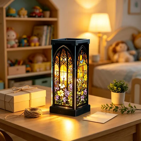 Gothic Stained Glass Style Night Light Acrylic Butterfly Flower Pattern USB Desktop Lamp Ornament Vintage Tiffany Art Table Light
