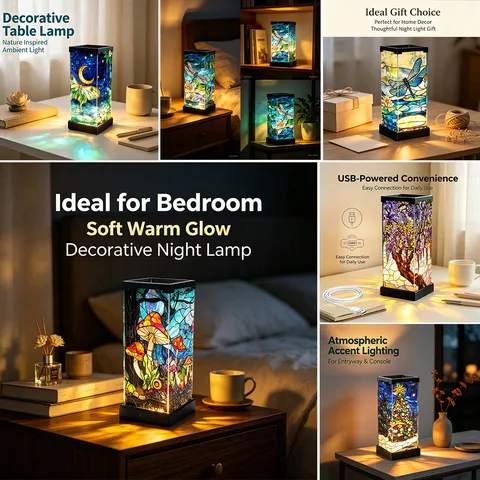 Luce Notturna in Acrilico Stile Vetro Colorato Alimentata tramite USB Lampada da Comodino Decorativa Illuminazione d'Ambiente