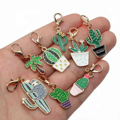 Alloy Drip Oil Cactus Coconut Tree Pendant With Lobster Clasp DIY Jewelry Making Charms Accessories