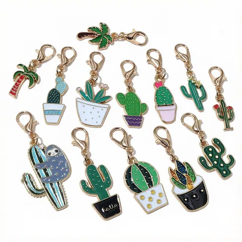 Alloy Drip Oil Cactus Coconut Tree Pendant With Lobster Clasp DIY Jewelry Making Charms Accessories