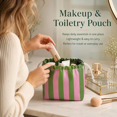 Portable Large Capacity Drawstring Cosmetic Bag Striped Travel Toiletry Pouch Makeup Storage Bag For Women