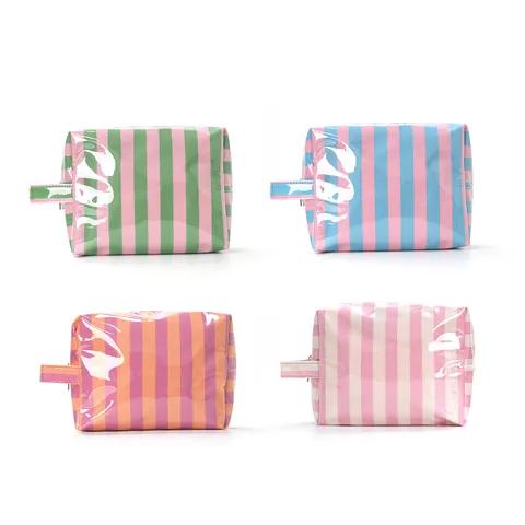 Large Capacity Waterproof PVC Makeup Bag Portable Travel Toiletry Organizer Fashion Striped Cosmetic Pouch For Women Daily Use