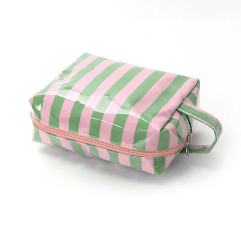 Large Capacity Waterproof PVC Makeup Bag Portable Travel Toiletry Organizer Fashion Striped Cosmetic Pouch For Women Daily Use