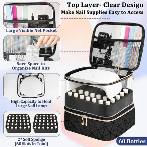 Double Layer Large Capacity Nail Polish Storage Bag Portable Cosmetic Organizer With Transparent PVC Lid Black