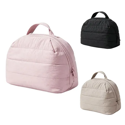 Quilted Puffy Makeup Bag Travel Toiletry Pouch Portable Cosmetic Organizer Bag Soft Lightweight Zipper Bag For Women