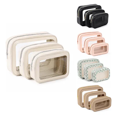 Waterproof PU Leather Transparent Cosmetic Bag Large Capacity Travel Portable Wash Bag Makeup Organizer Storage Pouch