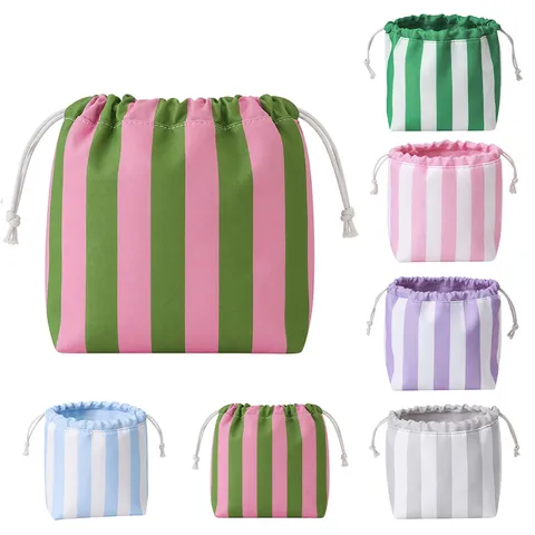Portable Large Capacity Drawstring Cosmetic Bag Striped Travel Toiletry Pouch Makeup Storage Bag For Women