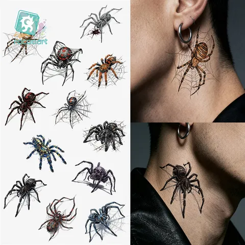 Halloween Waterproof 3D Spider Temporary Tattoo Sticker Realistic Fake Body Art Hand Back Scary Party Decals