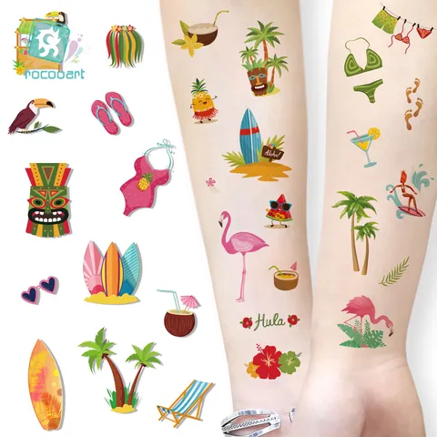 Kids Temporary Tattoos Hawaiian Tropical Flamingo Coconut Tree Waterproof Fake Tattoo Stickers For Children Party Decoration