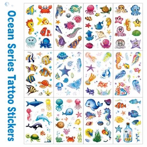 Kids Glitter Temporary Tattoo Stickers Waterproof Cartoon Animal Marine Life Body Art Fake Tattoos For Children Party
