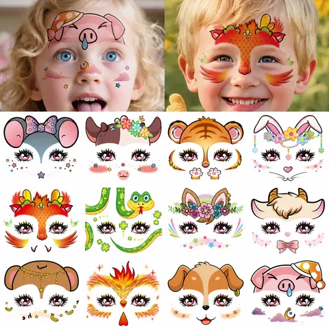 Kids Temporary Tattoo Stickers Cartoon Animals Face Tattoos Waterproof Water Transfer Cute Body Art For Party Children