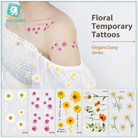 Pegatinas de Tatuaje Temporal Impermeables Margarita Floral Botánica Arte Corporal Tatuajes Falsos Para Mujeres Hombres