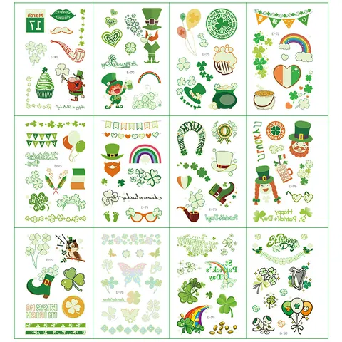 Φωτεινά Προσωρινά Αυτοκόλλητα Τατουάζ St. Patrick's Day Ιρλανδικό Τριφύλλι Πράσινο Καπέλο Πάρτι Ψεύτικα Τατουάζ