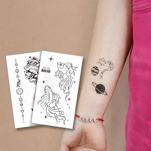 Pegatinas de Tatuaje Temporal de Transferencia de Agua Negro Minimalista Animales Lindos Universo Impermeable Falsa Pegatina de Arte Corporal