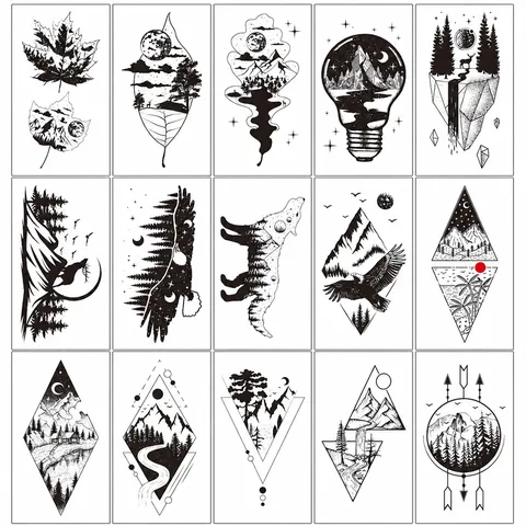 Pegatinas de Tatuaje Temporal Impermeables Blanco y Negro Montaña Río Arte Corporal Tatuajes Falsos Para Mujeres Hombres