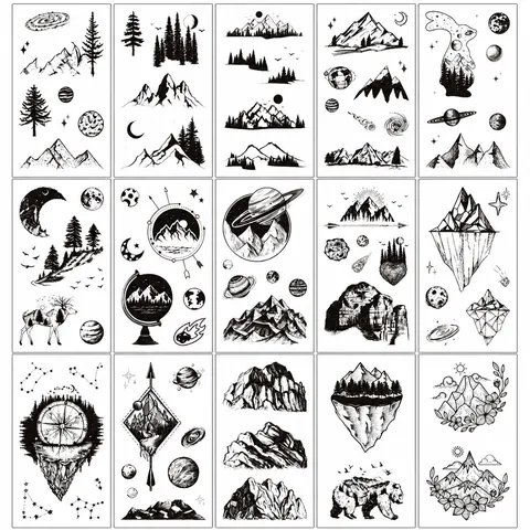 Pegatinas de Tatuaje Temporal Impermeables Blanco y Negro Montaña Río Arte Corporal Tatuajes Falsos Para Mujeres Hombres