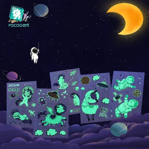 Pegatinas De Tatuaje Temporal Luminosas Impermeables Lindo Espacio Dibujos Animados Astronauta Cohete Falsos Tatuajes