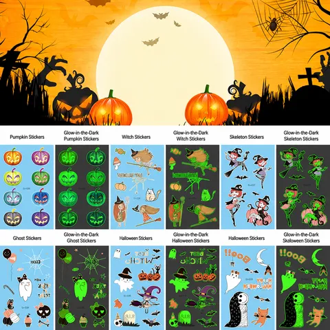 Kids Luminous Temporary Tattoo Stickers Waterproof Halloween Day of the Dead Cartoon Fake Body Art Decals Party