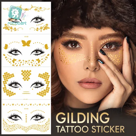 Pegatinas de Tatuaje de Cara Metálica Impermeables Pegatinas Faciales Temporales de Bronceado Dorado para Maquillaje de Fiesta de Festival de Música