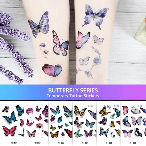 Pegatinas de Tatuaje Temporal de Mariposa 3D Impermeables Coloridas Adhesivos de Arte Corporal Floral Para Mujeres Niñas Fiesta Diario