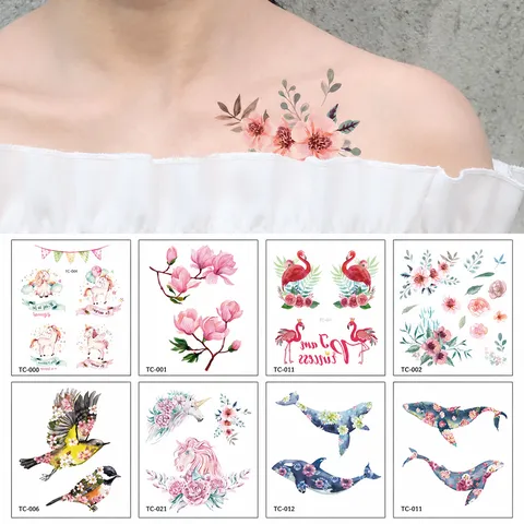 Pegatinas de Tatuaje Temporal Impermeables Unicornio Ensueño Flamenco Floral Arte Corporal Tatuajes Temporales para Mujeres Niñas
